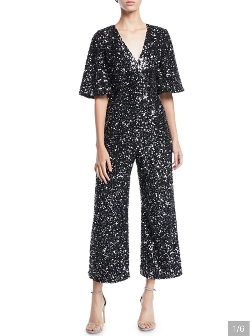 Black Halo Eve Keely Sequin Sparkly Black V-Neck Vegas Jumpsuit, size 12